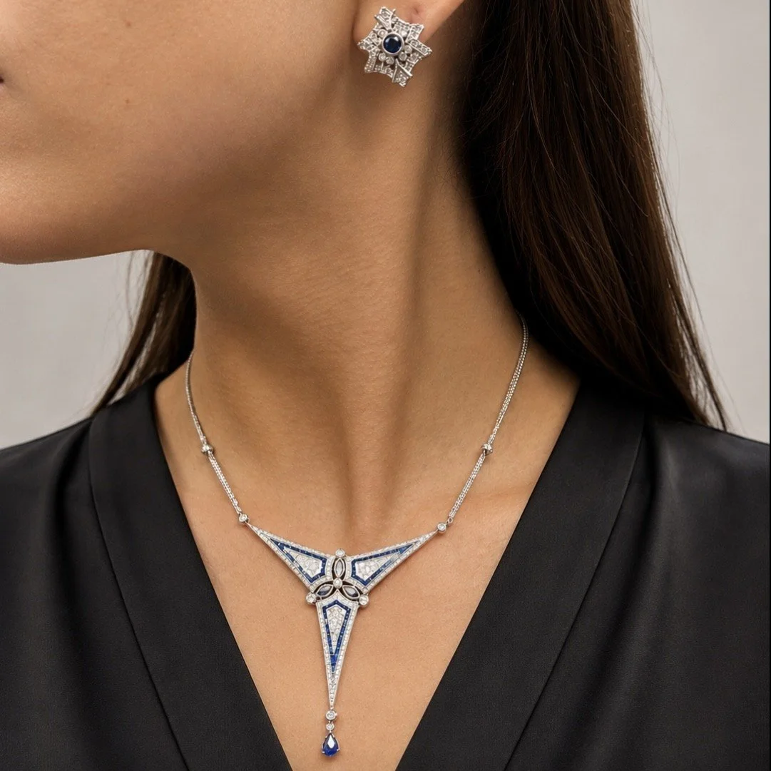 SAPPHIRE & DIAMOND STAR PENDANT NECKLACE/EARRINGS SET -14KWG/18KWG - 15.5"