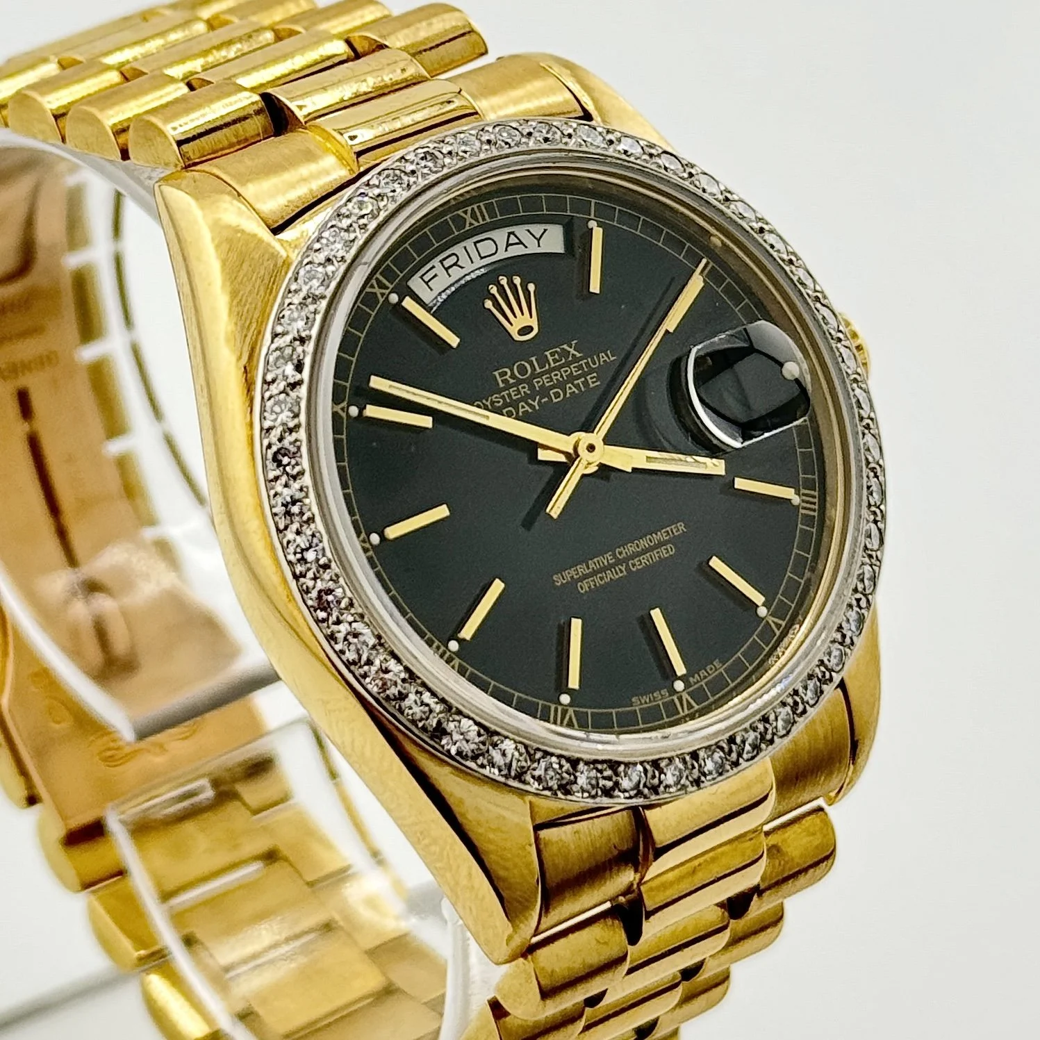 ROLEX PRESIDENT DAY DATE 18038 18K YG BLACK DIAL DIAMOND BEZEL 36MM 1984 BOX