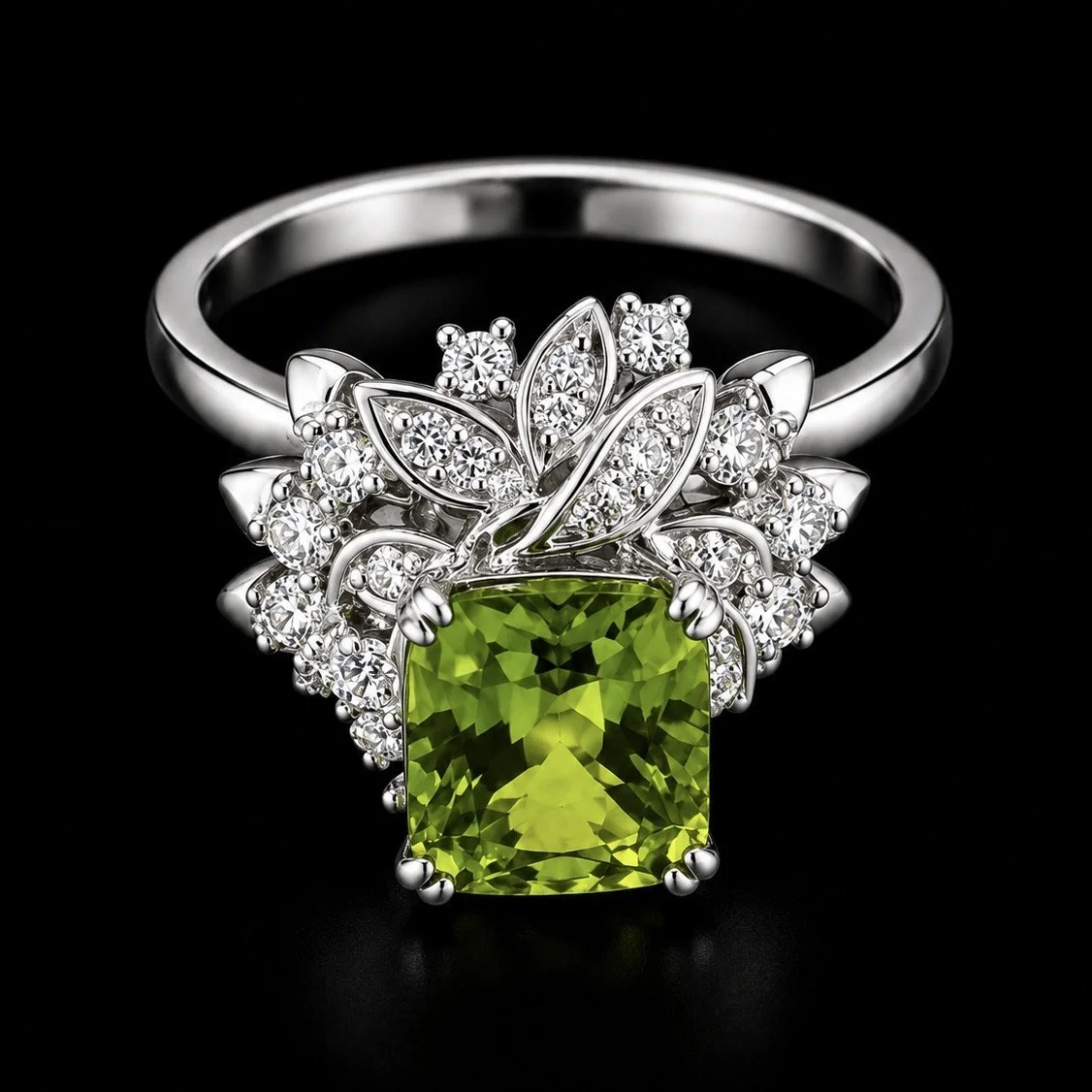 Peridot Cocktail Ring Flanked By Detailed Diamond-Set Floral Accents