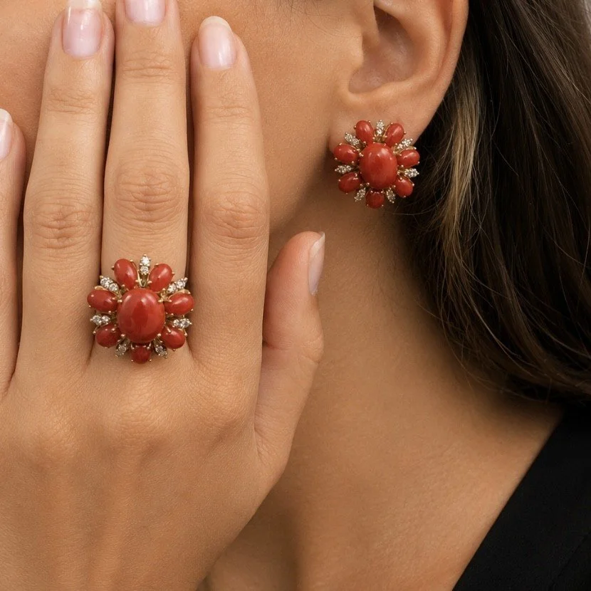SARDINIAN CORAL & 0.84CTW ROUND DIAMOND FLOWER RING / EARRINGS SET - 18K YG
