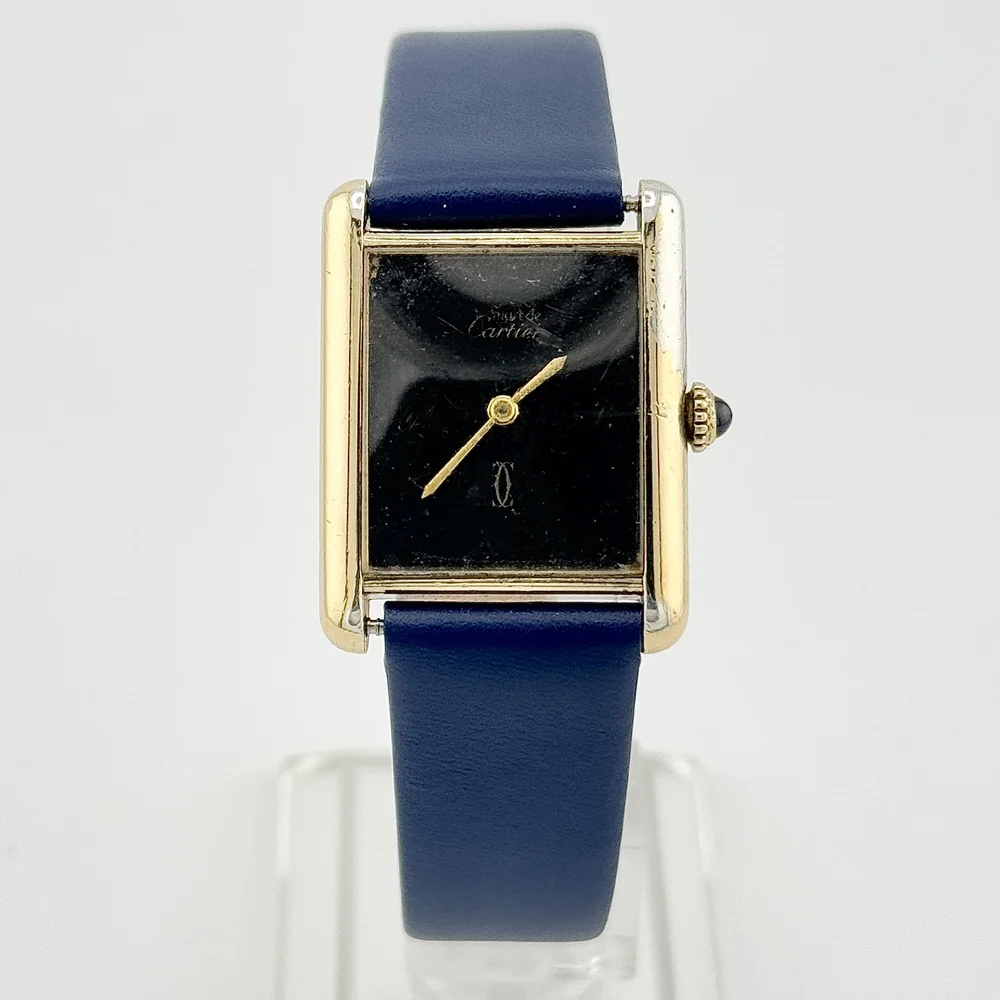 VINTAGE MUST DE CARTIER TANK VERMEIL 925 GOLD CASE BLACK DIAL