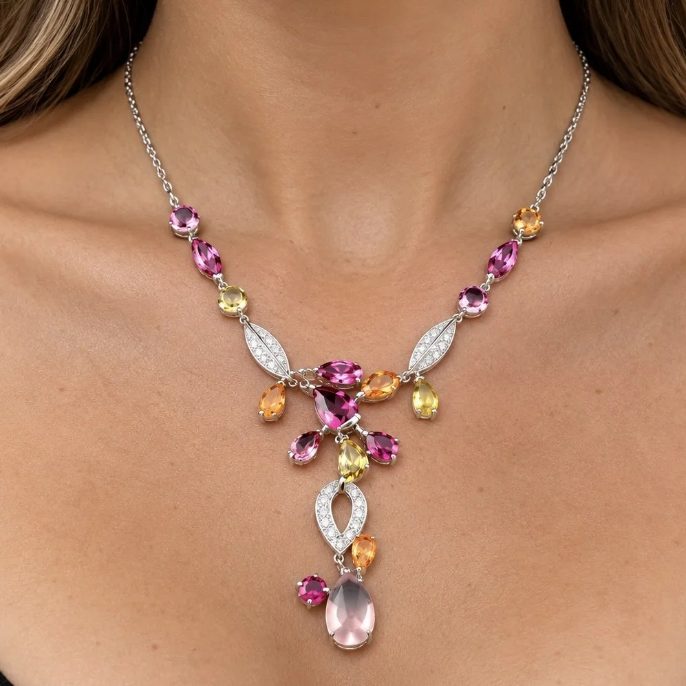 Cartier Meli-Melo Sapphire, Ruby, Multi-Gem Diamond Necklace White Gold with Box