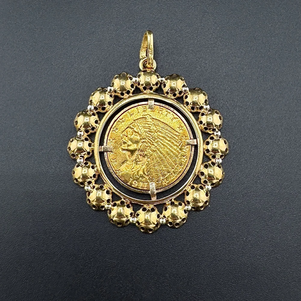 1911 INDIAN HEAD $2 1/2 DOLLAR US GOLD COIN BEZEL PENDANT - 18K 