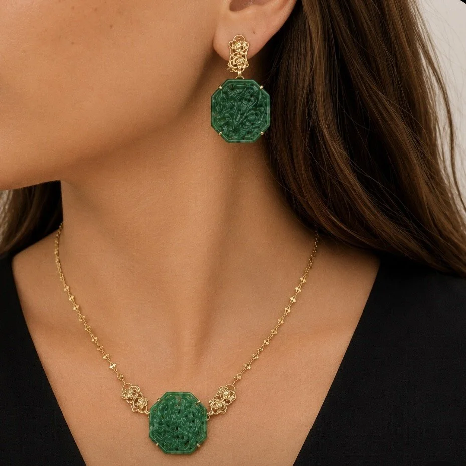 JADE GRADE A - SET EARRINGS + NECKLACE - 14K YELLOW GOLD - 1900'S W/ PAPERS