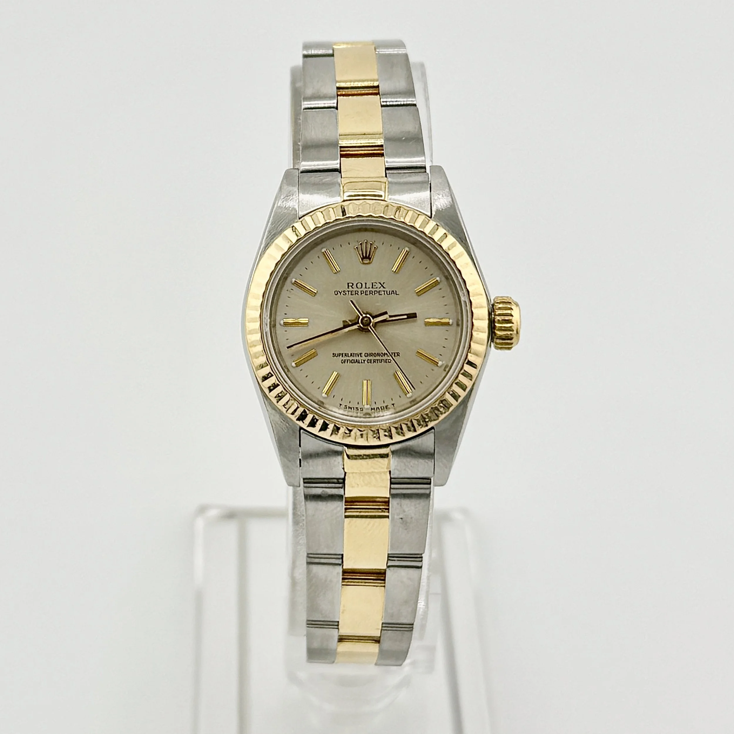 LADIES ROLEX OYSTER PERPETUAL 67193 STEEL & GOLD SILVER DIAL AUTO 24MM 1991 B+P
