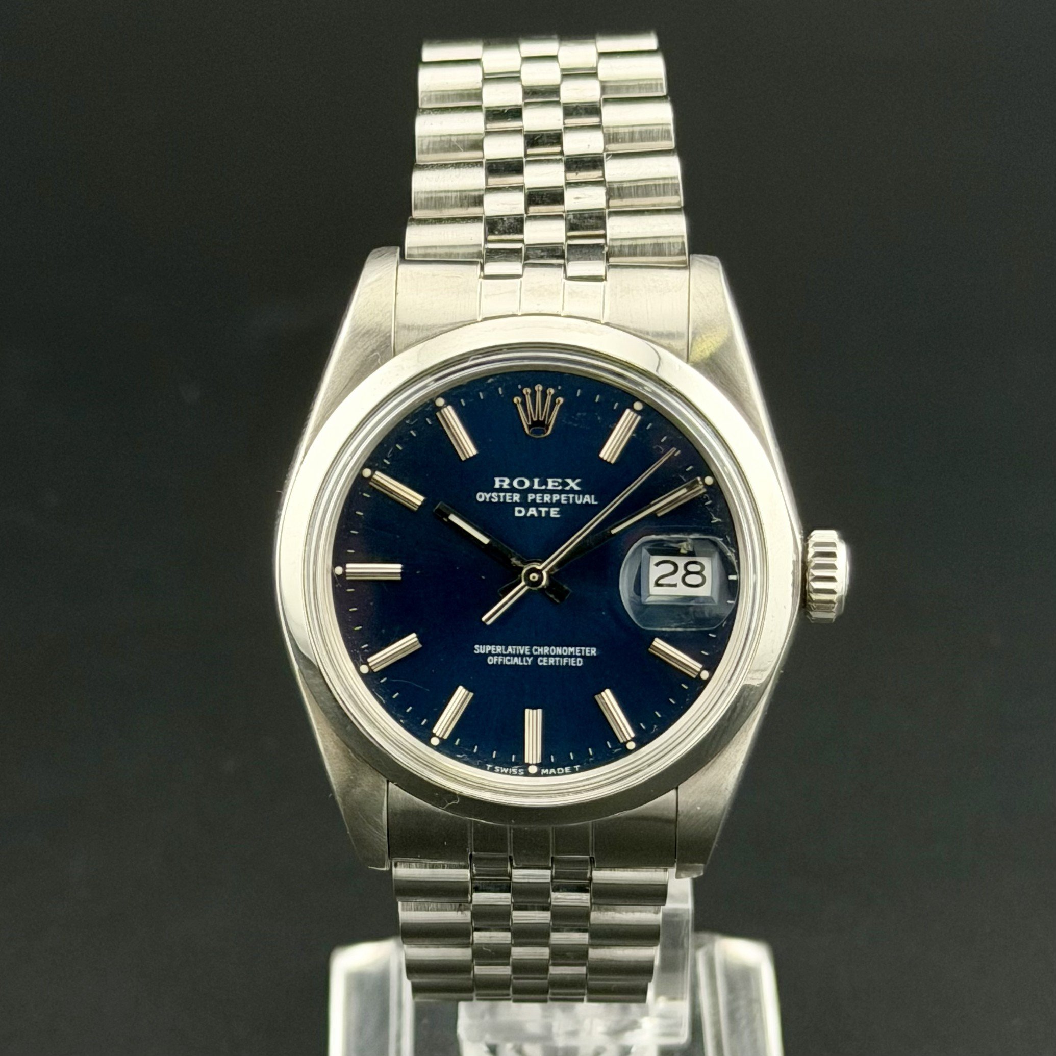 1976 ROLEX DATE BLUE 1500 34 MM - INDEX DIAL SMOOTH BEZEL JUBILEE BAND