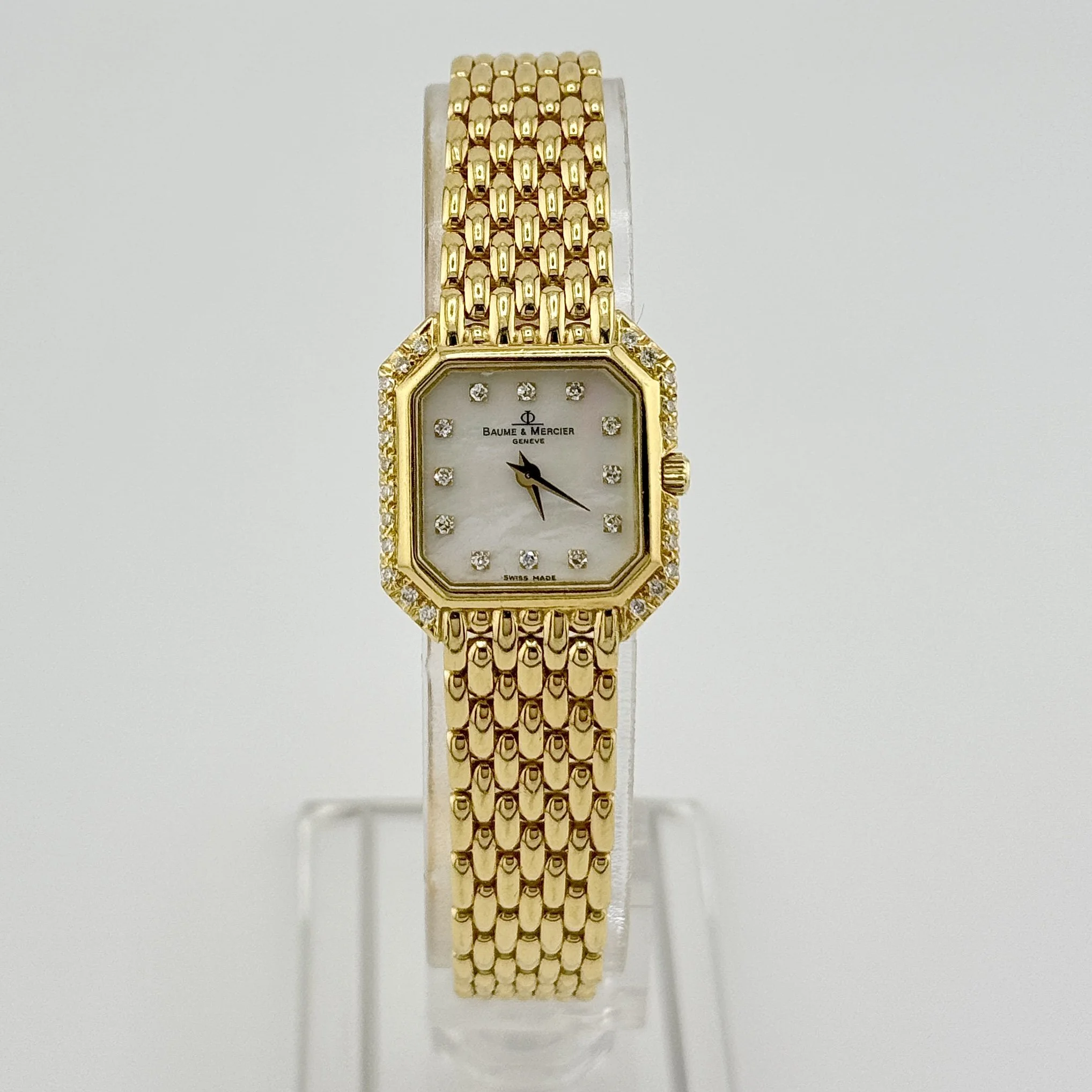 BAUME & MERCIER GENEVE 18259 18K YELLOW GOLD MOP DIAMOND DIAL/BEZEL QUARTZ 20MM