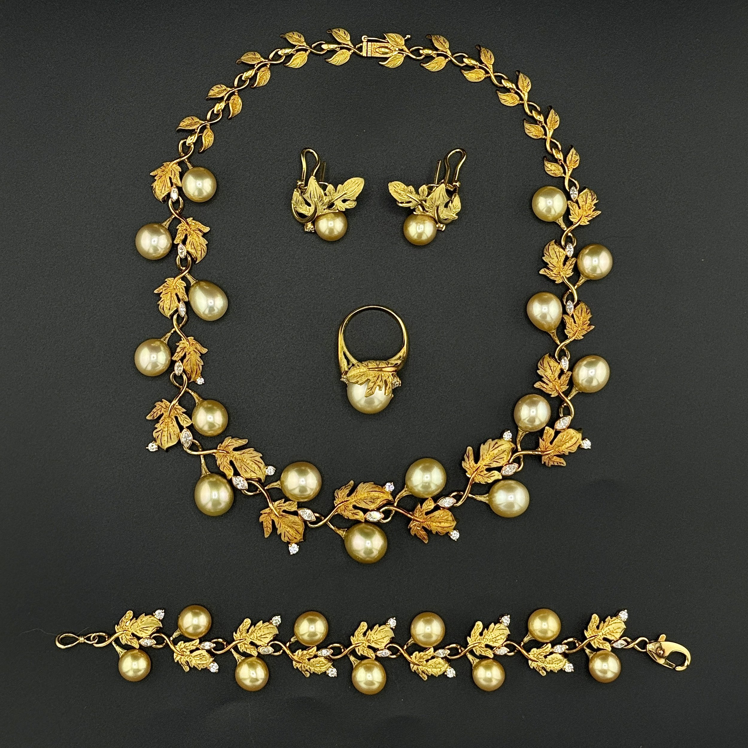 1.47CTW DIAMOND & GOLDEN PEARL NECKLACE / BRACELET / RING / EARRINGS SET 18K YG