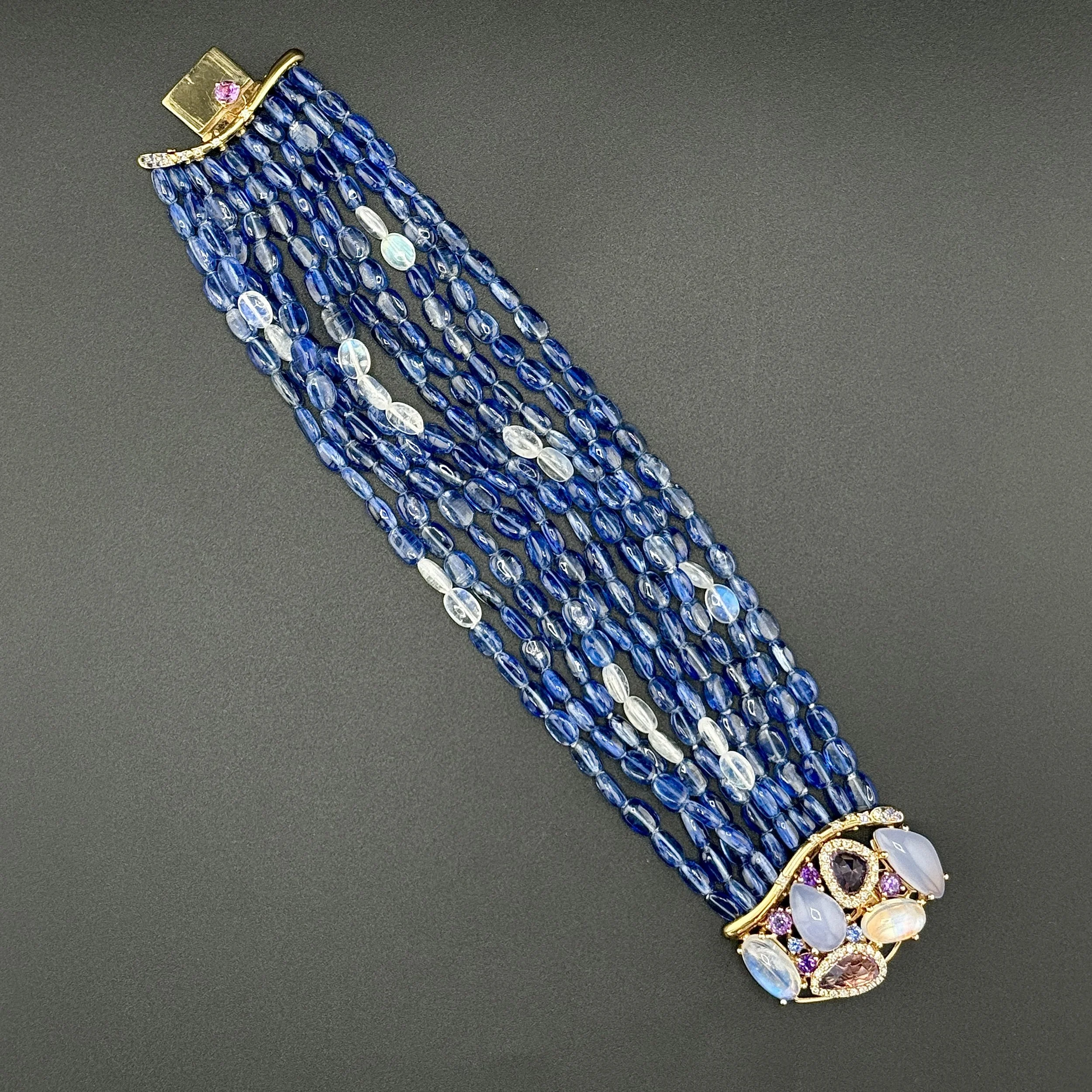10 STRAND 18K YELLOW GOLD CHALCEDONY / DIAMOND / AMETHYST / MOONSTONE BRACELET 8.5"