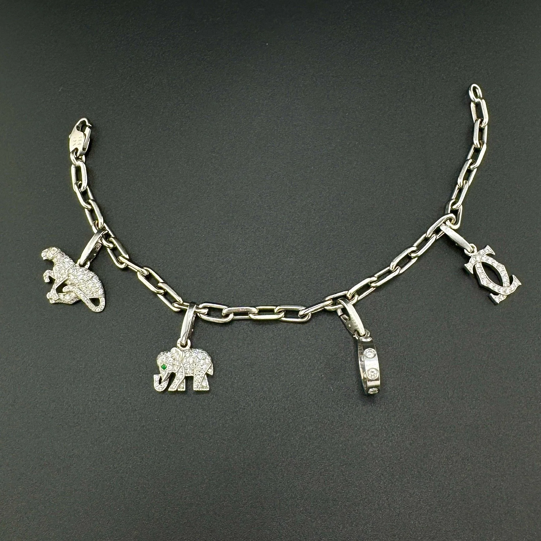CARTIER 4 CHARM DOUBLE C / LOVE / ELEPHANT / PANTHERE BRACELET - 18K WG - 7.5"