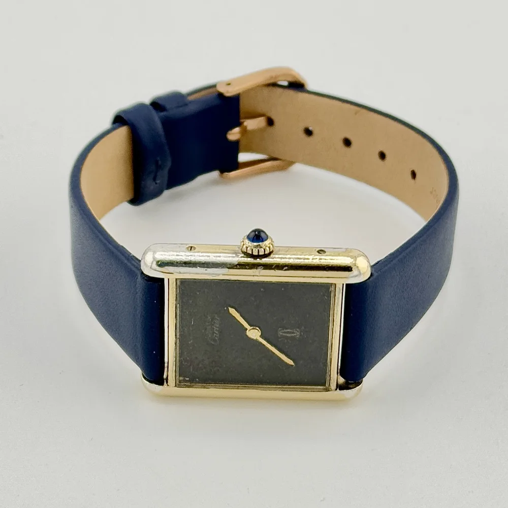 VINTAGE MUST DE CARTIER TANK VERMEIL 925 GOLD CASE BLACK DIAL