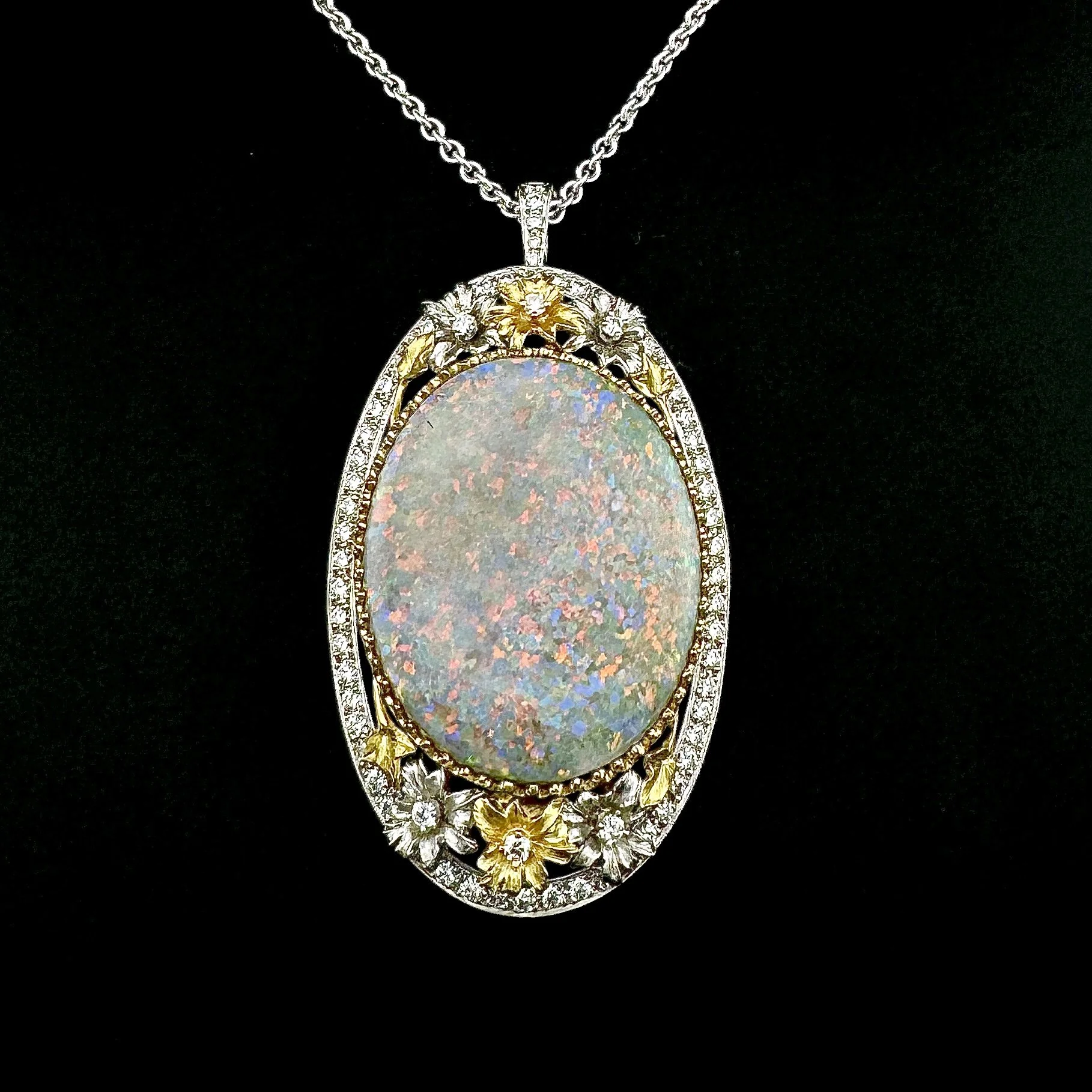32CT OVAL WHITE OPAL & 2CTW ROUND DIAMOND NECKLACE - 18K YG / WG & PLAT - 18"