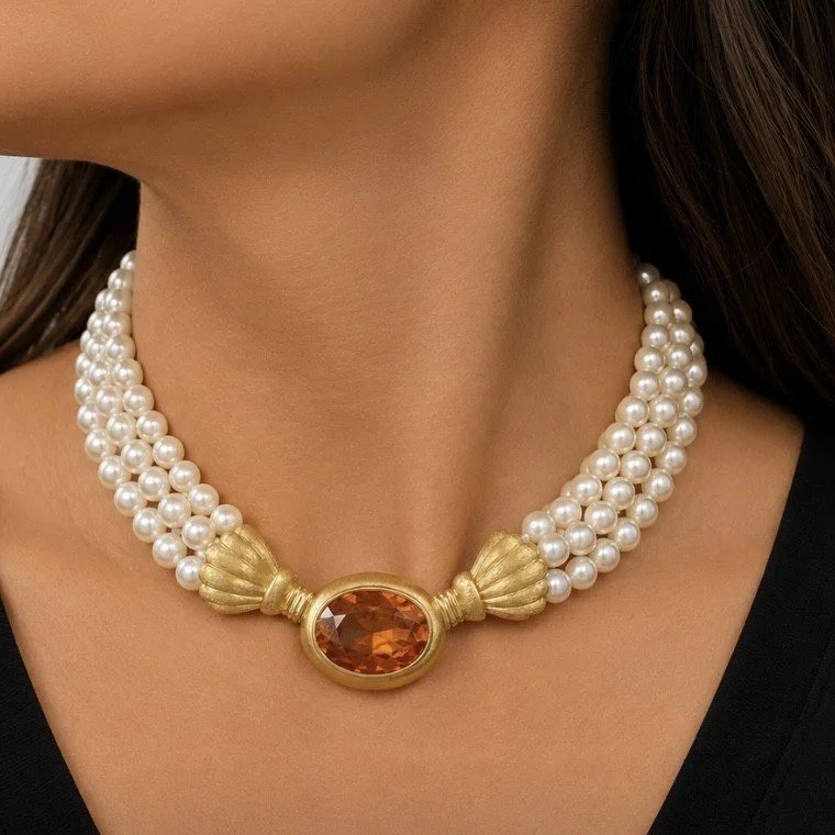 VINTAGE 5 ROW PEARL AND 50 CARAT ORANGE SAPPHIRE NECKLACE