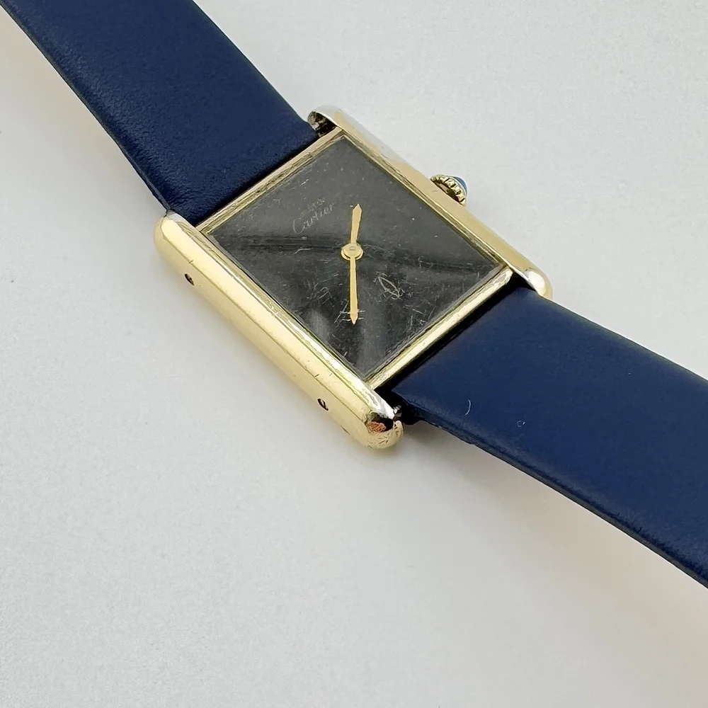 VINTAGE MUST DE CARTIER TANK VERMEIL 925 GOLD CASE BLACK DIAL