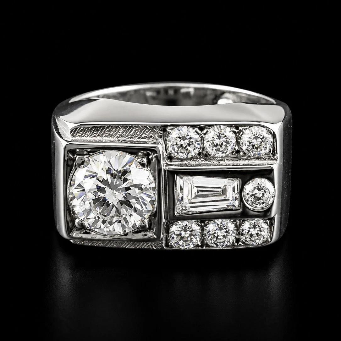 Retro Diamond and Gold Signet or Cocktail Style Band