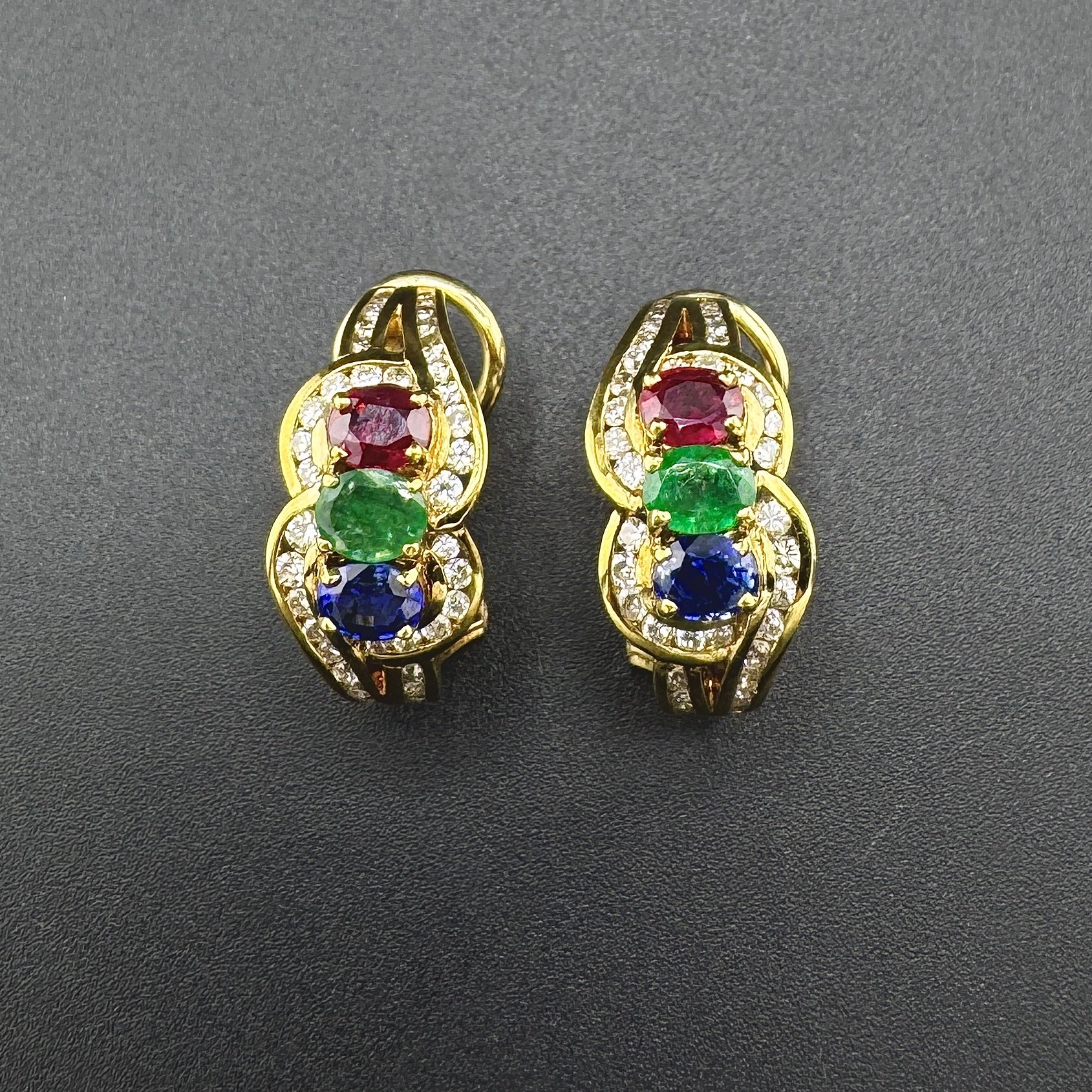 .80CTW RUBY / .80CTW SAPPHIRE / .80CTW EMERALD / 1.20CTW DIAMOND EARRINGS - 14K YG