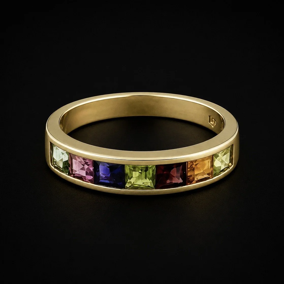 Rainbow Multi-Gemstone and Diamond Half Eternity Ring