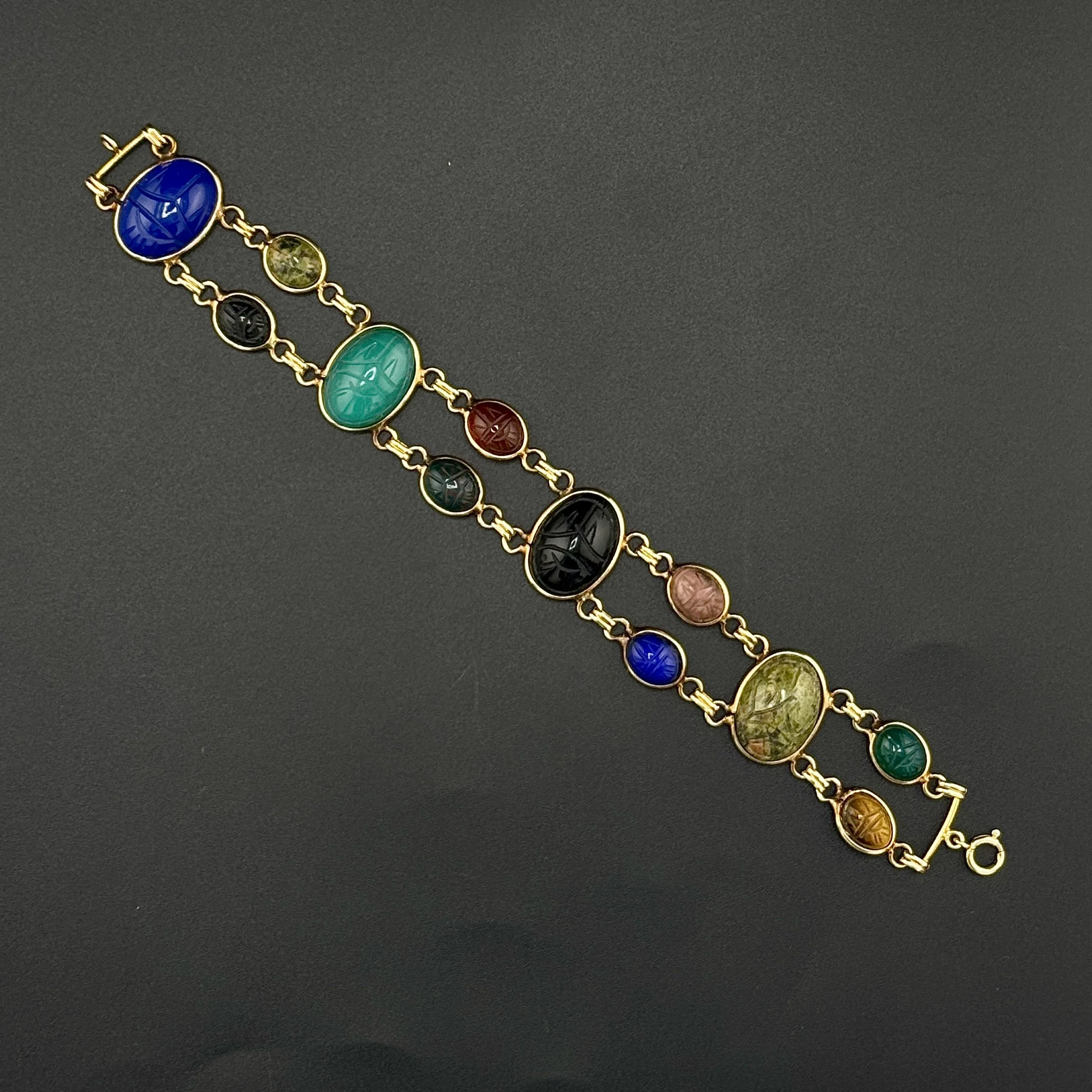 EGYPTIAN SCARAB BEETLE MULTI GEM STONE 2 ROW BRACELET - 14K YELLOW GOLD - 7"