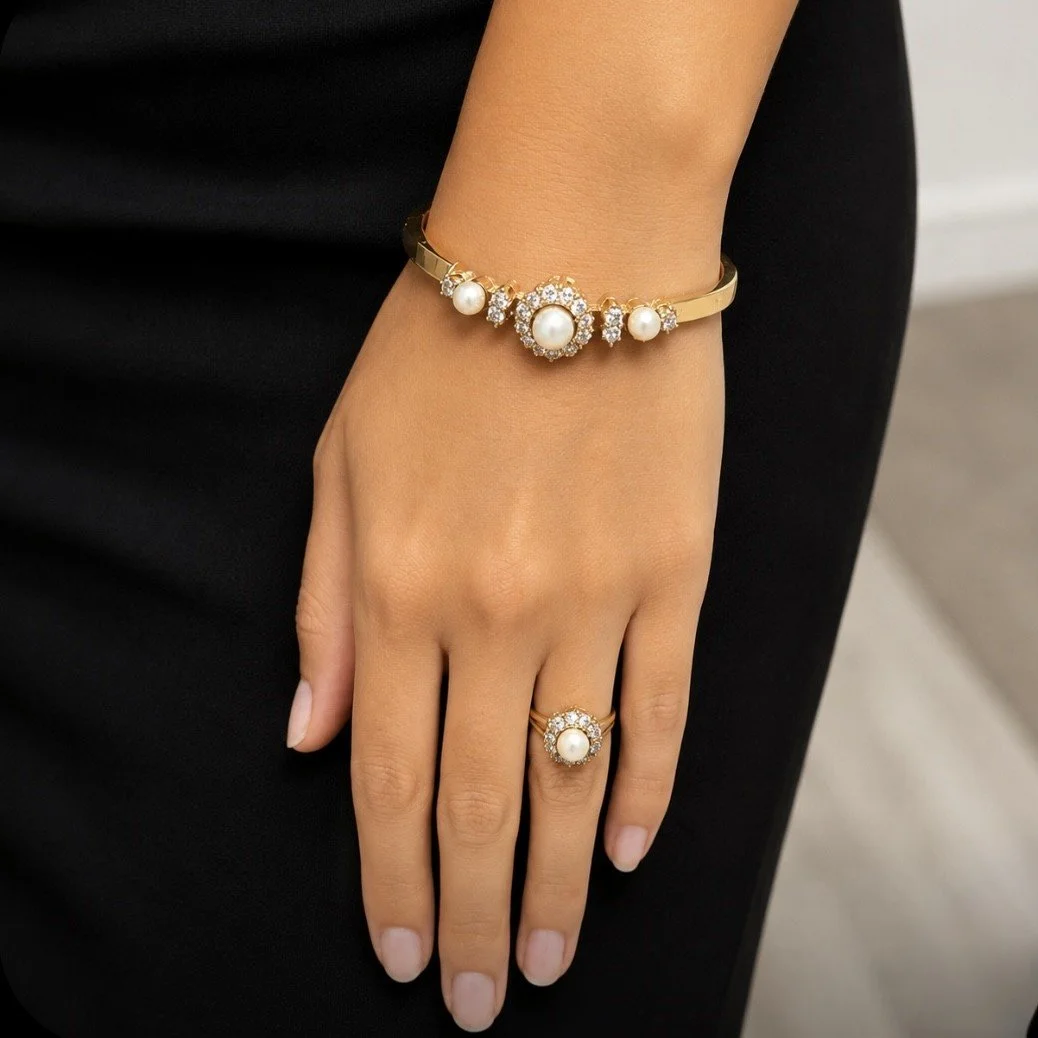 GIA GEORGIAN 4.4CTW SI2 F ROSE CUT DIA. & PEARL RING/BRACELET SET 14K RG 1860S