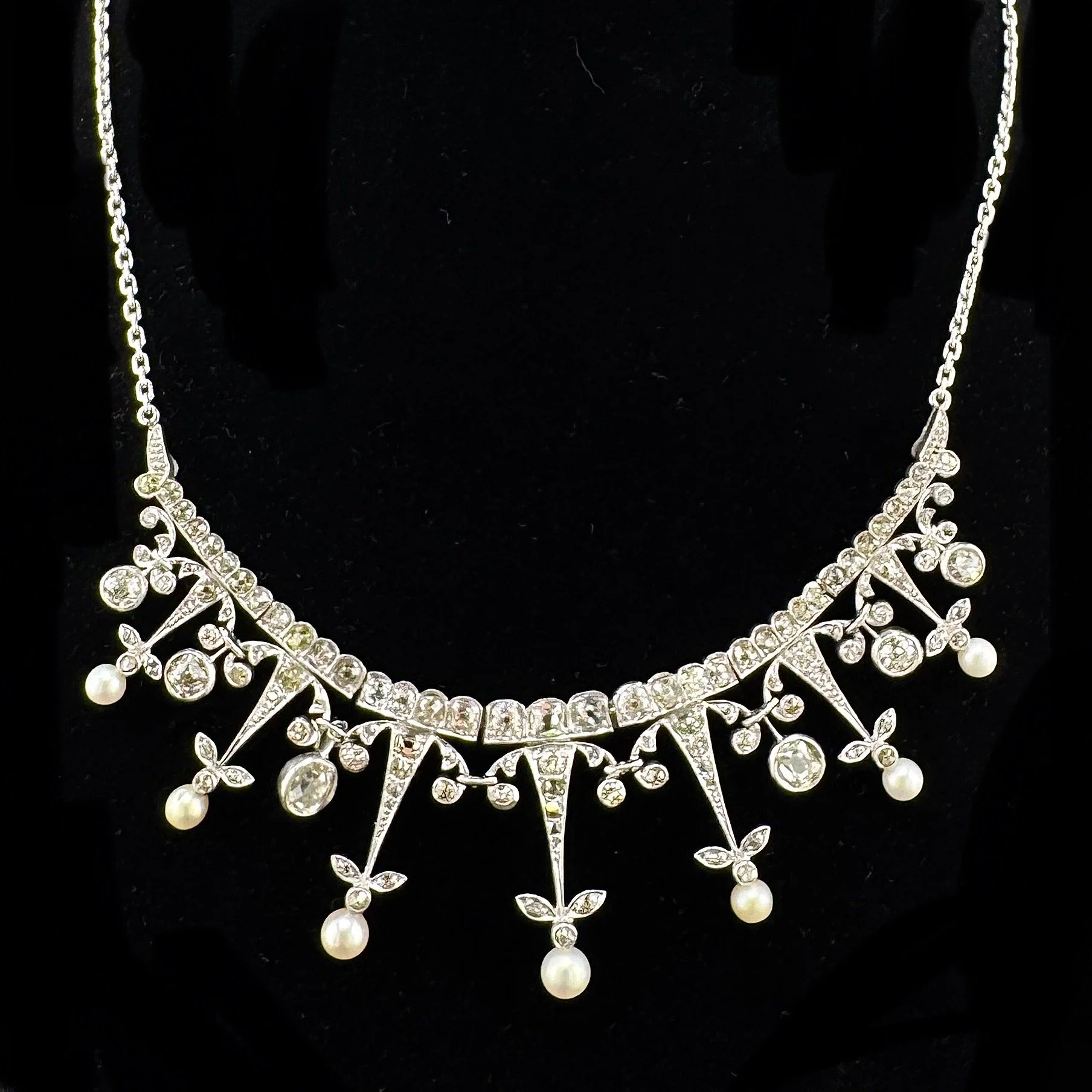 ANTIQUE 8.01CTW VS2 I-J OLD EURO DIAMOND & PEARL NECKLACE - 14K WG - 15" - 1880S