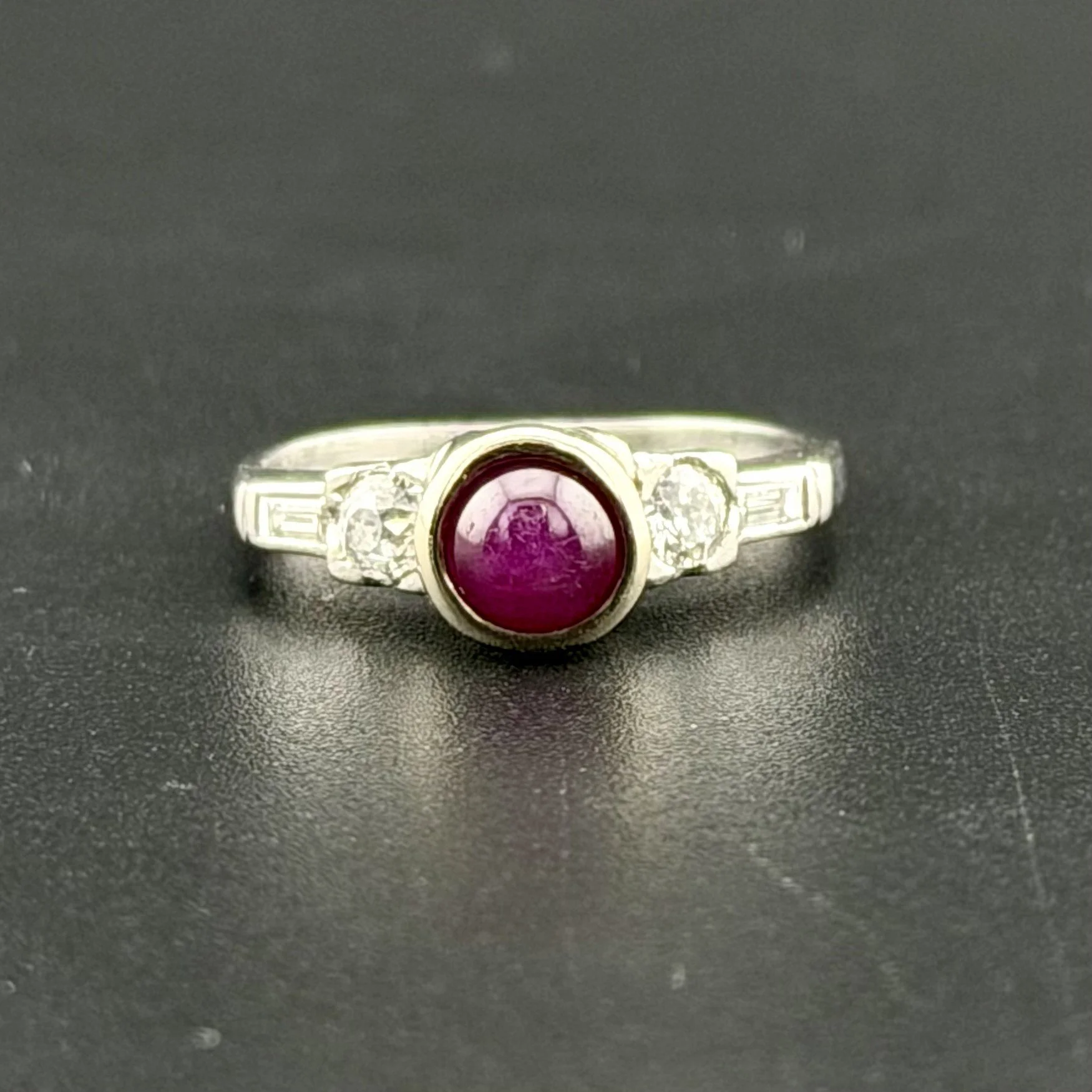 ANTIQUE 1910 1/2 CT RUBY OLD EURO CUT/BAGUE DIAMOND PLATNIUM RING SZ 4.75 3.21G