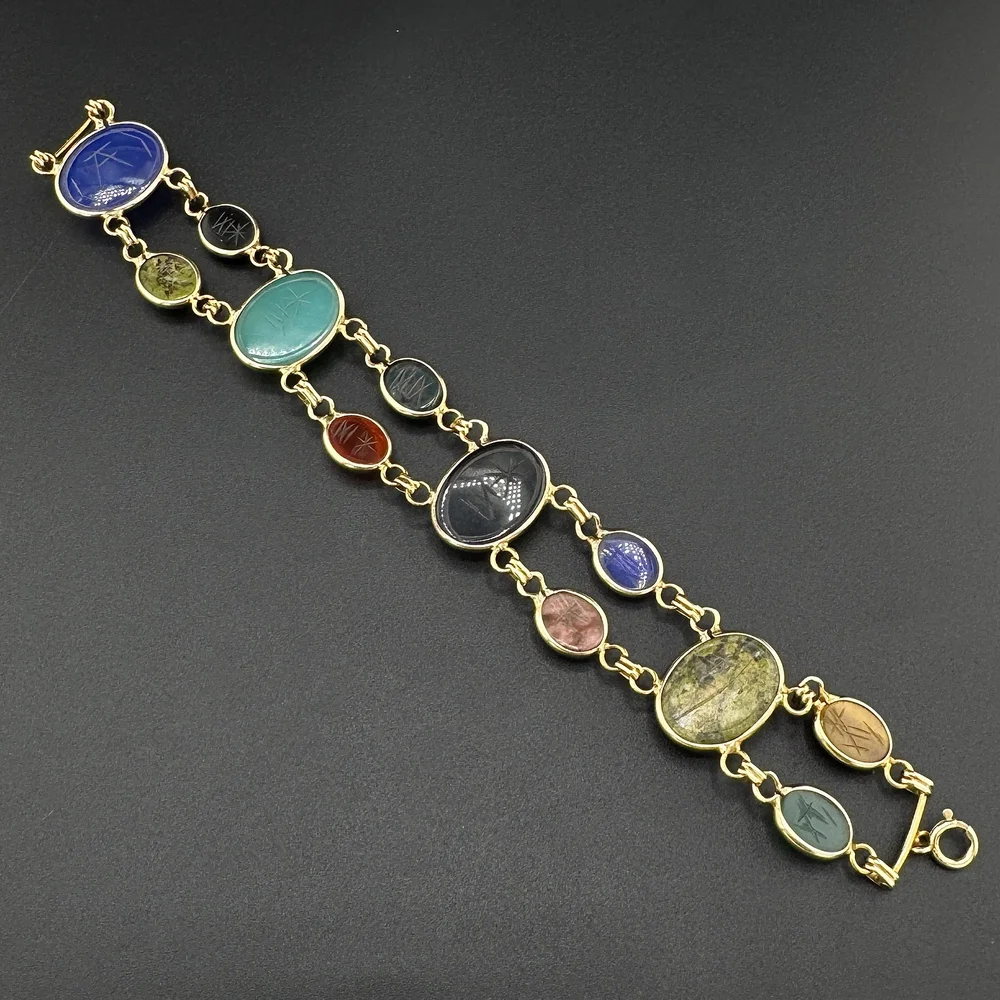 EGYPTIAN SCARAB BEETLE MULTI GEM STONE 2 ROW BRACELET - 14K
