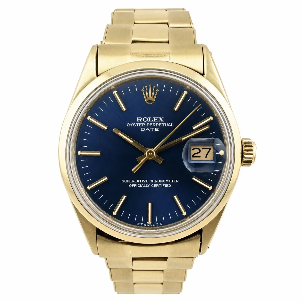 ROLEX OYSTER PERPETUAL DATE 1550 14K YELLOW GOLD BLUE DIAL 34MM BOX & PAPERS