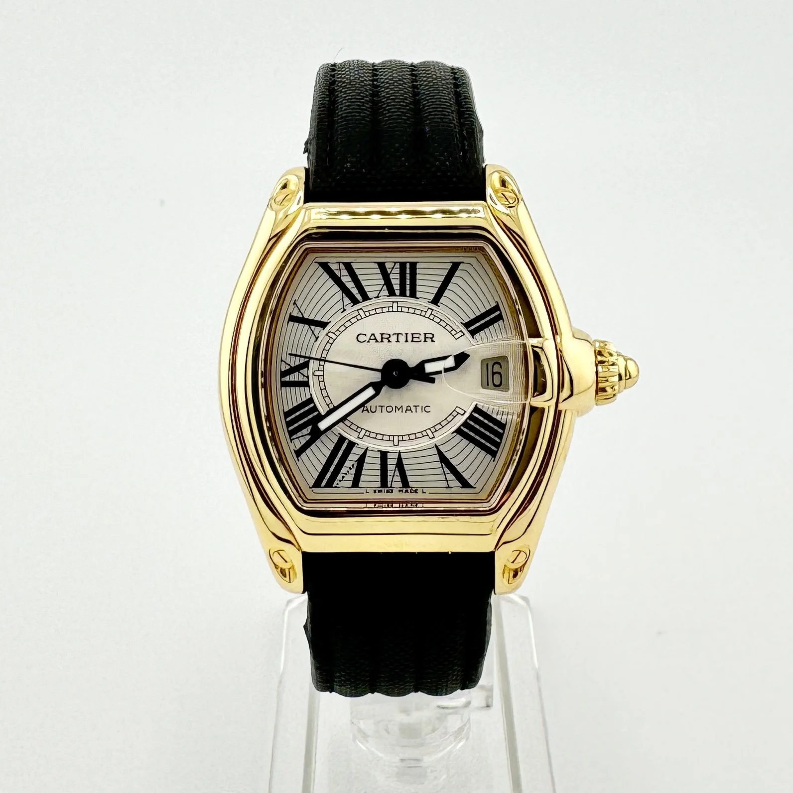 CARTIER ROADSTER 2524 18K YELLOW GOLD WHITE ROMAN DIAL AUTOMATIC 37MM POUCH