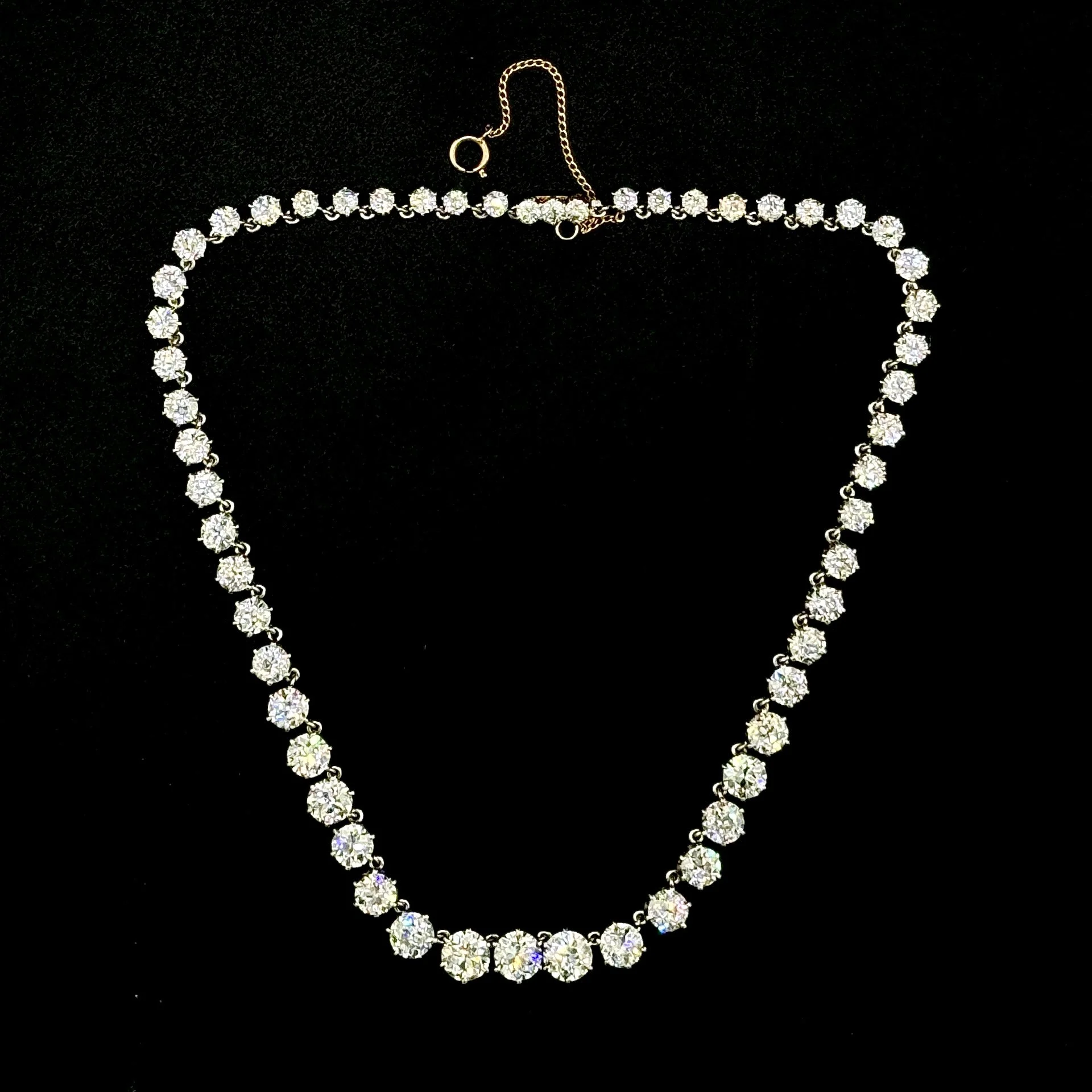 31.66CTW OLD EURO DIAMOND GRADUATED TENNIS NECKLACE - 18K YG - 14" - 1900S