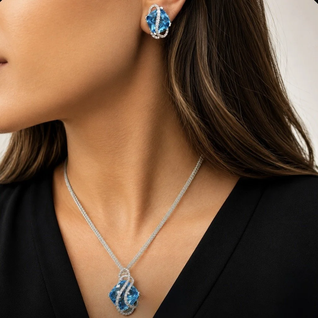 51CTW TOPAZ/DIAMOND SUITE - 1CTW DIA - 18K WG - 16CT TOPAZ EARRINGS-35CT PENDANT