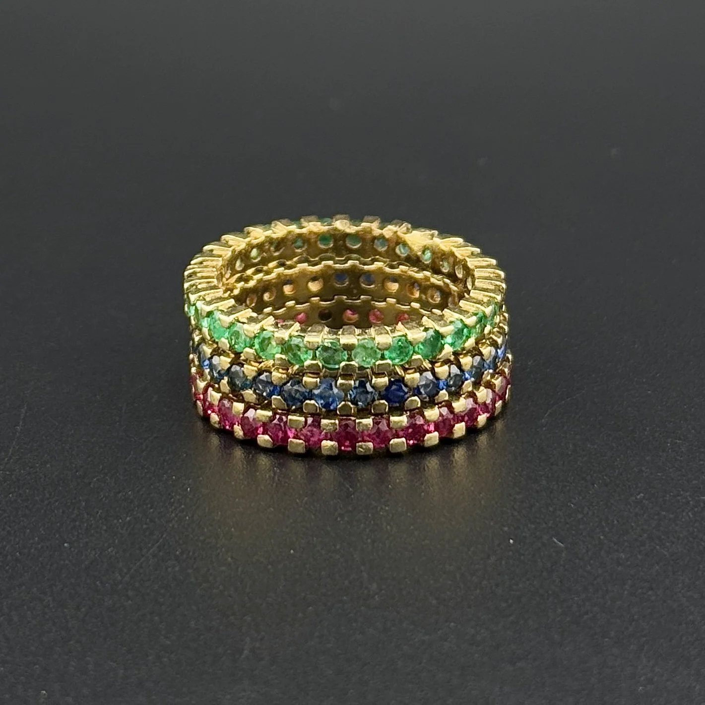 1.6CTW RUBY / 1.6CTW SAPPHIRE / 1.3CTW EMERALD 3 ETERNITY BAND STACK - 14K YG