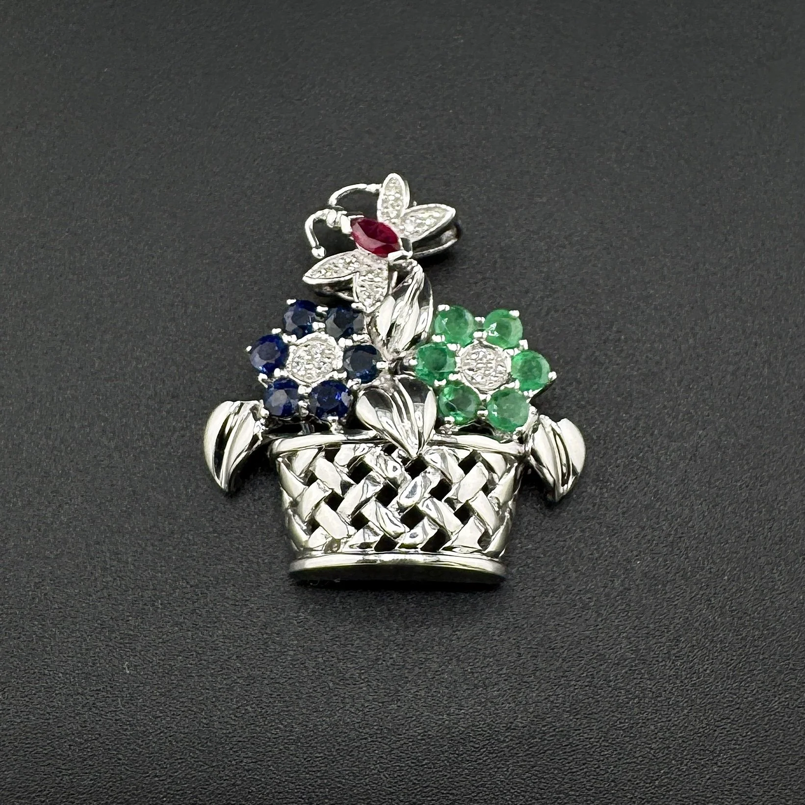 SAPPHIRE / EMERALD / RUBY / DIAMOND FLOWER BASKET BUTTERFLY PENDANT - 14K WG