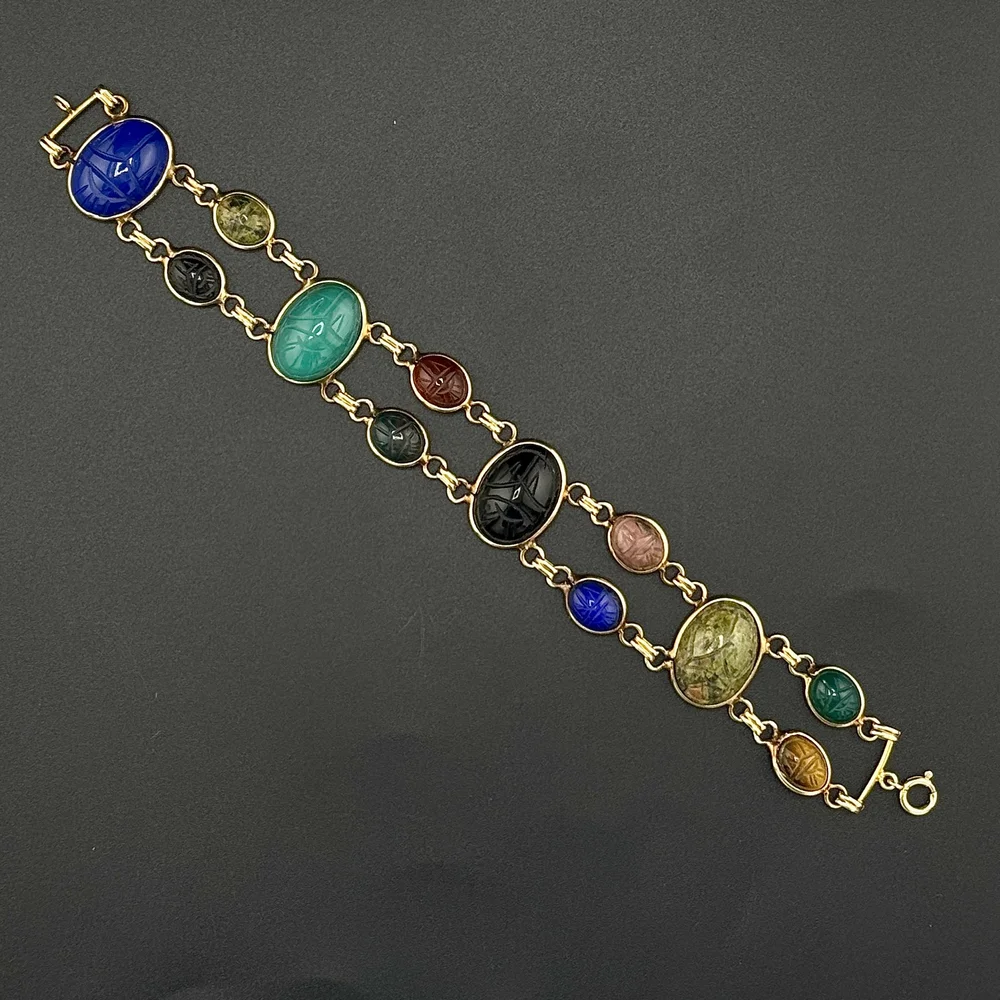 hiro　Pebble Bracelet EGYPTIAN SCARAB BEETLE MULTI GEM STONE 2 ROW BRACELET - 14K