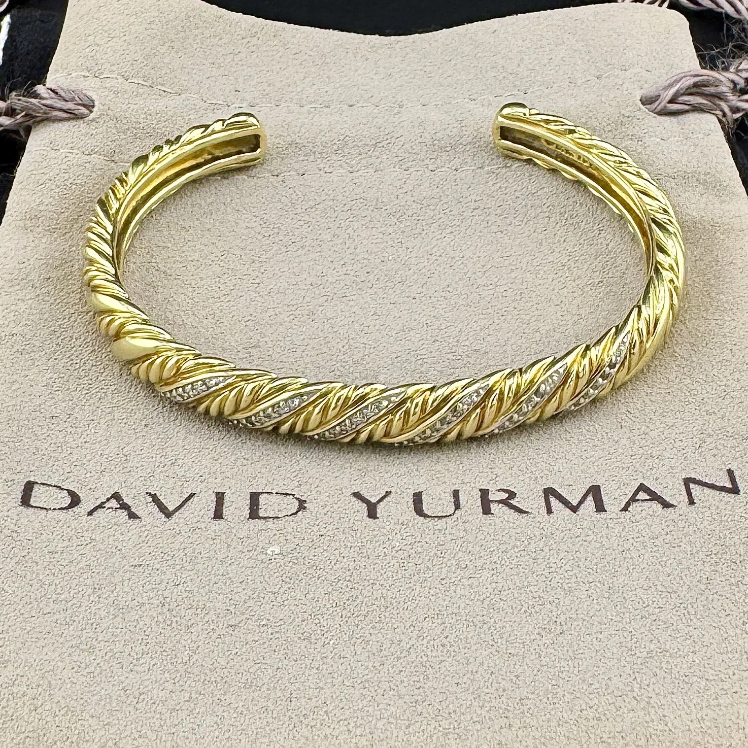 DAVID YURMAN 7MM SCULPTED CABLE DIAMOND CUFF BRACELET - 18K YELLOW GOLD - SMALL