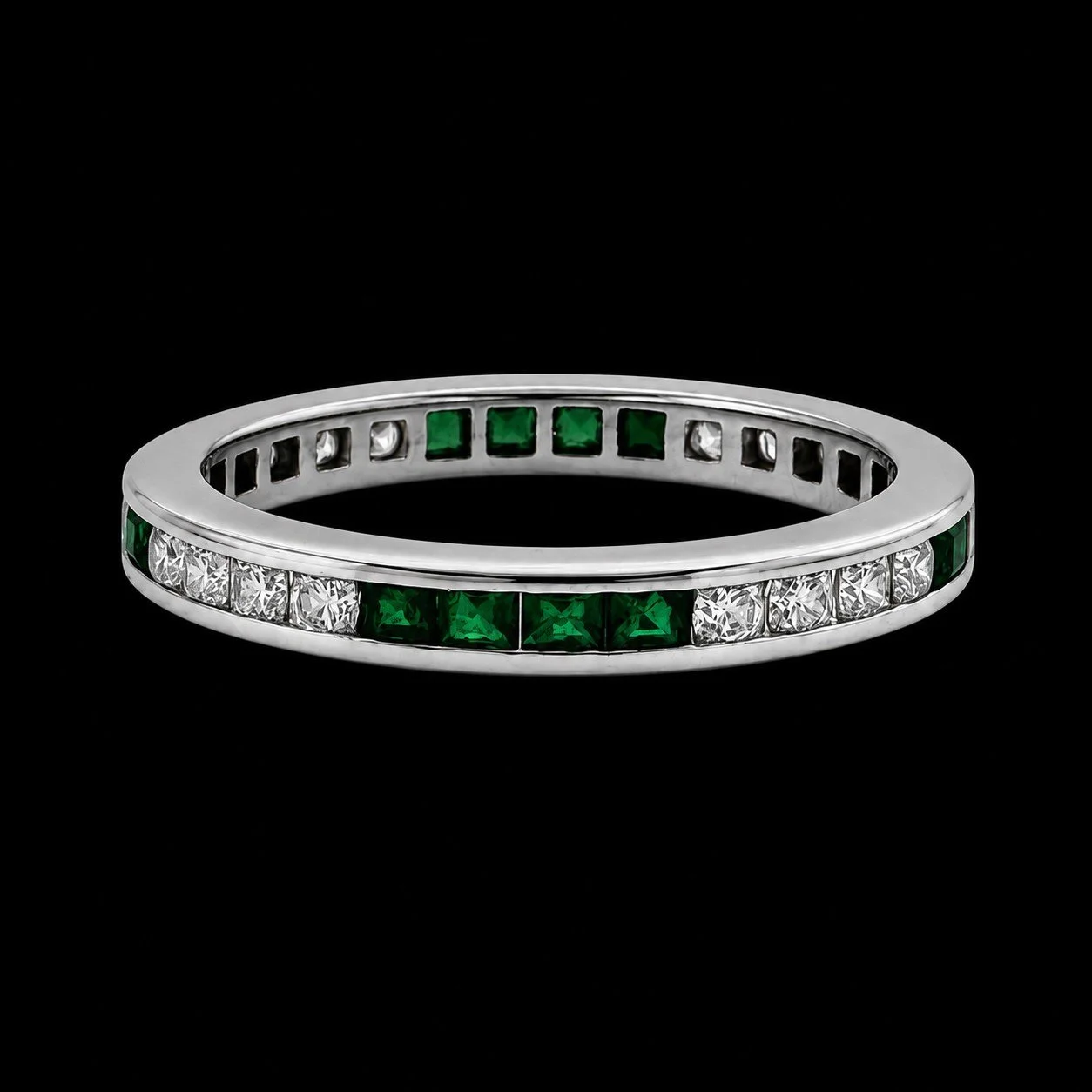 Geometric Art Deco Inspired Emerald and Diamond Eternity Band