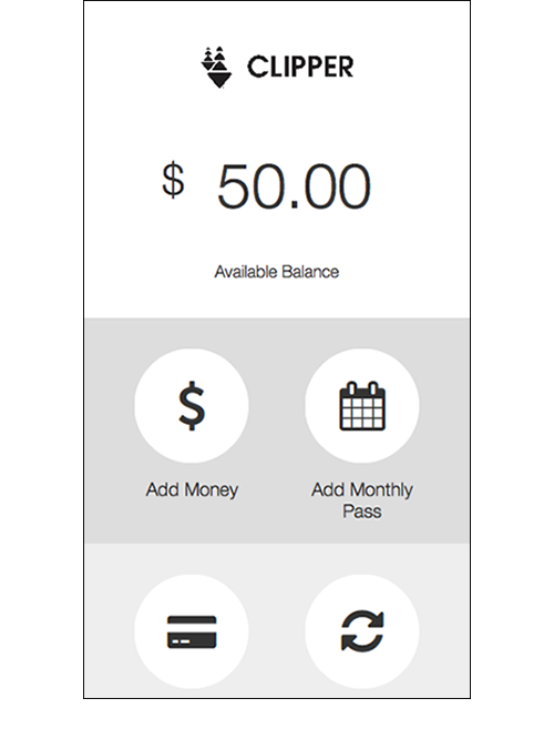 Home Screen The revised home screen with options for adding money, monthly passes, payment type and recurring payments.