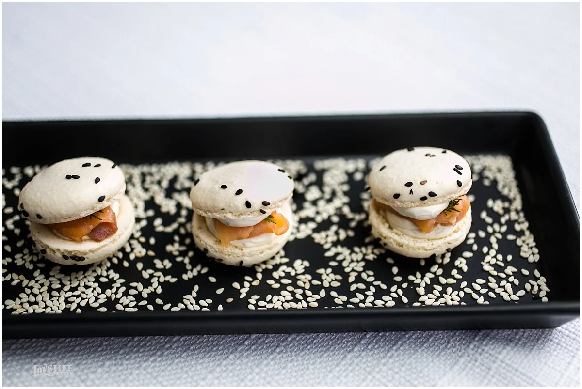 Mini Savory Salmon Macaron Sesame White Macaron | Dill Cream Cheese | Smoked Salmon