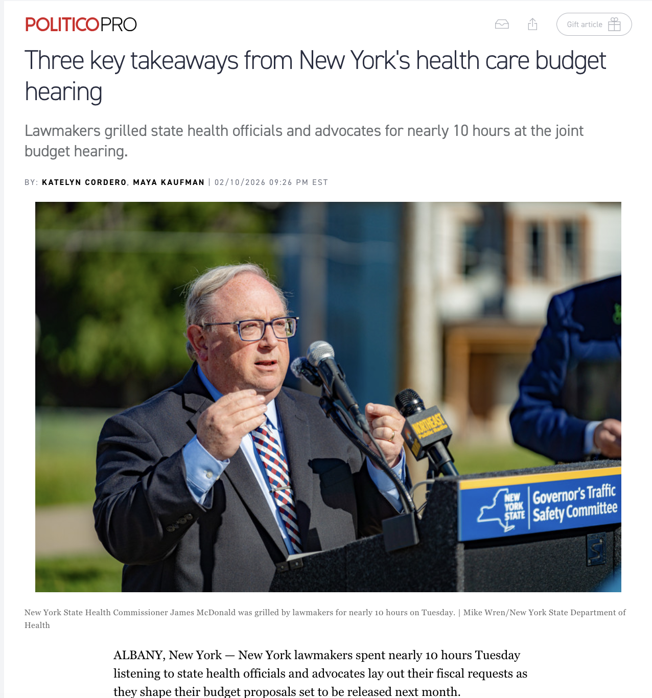 Politico Pro: Three key takeaways from New York's health care budget hearing | Feb 10, 2026