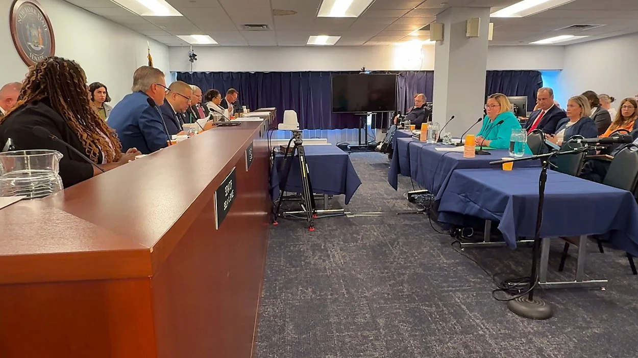 Patty Byrnes (left) in blue testifies in front of a panel of state senators, with Senator Rivera visible in the middle. An audience is visible behind her.