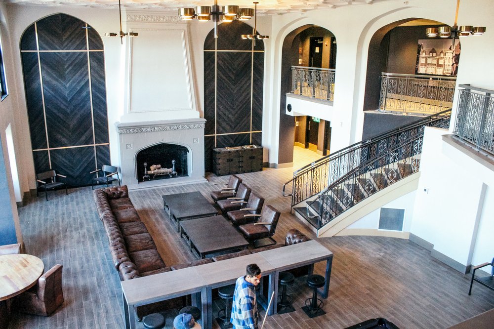 Overhead view of the curved stair and railing in the finished interior