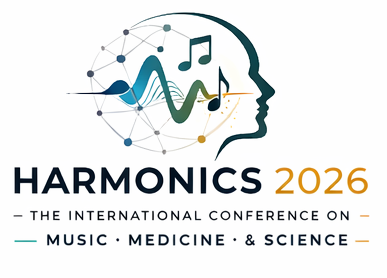 Event Flyer for Harmonics 2026 The International Conference on Music, Medicine & Science. Image shows the silhouette of a head with musical notes, sine waves, and geometric designs inside.