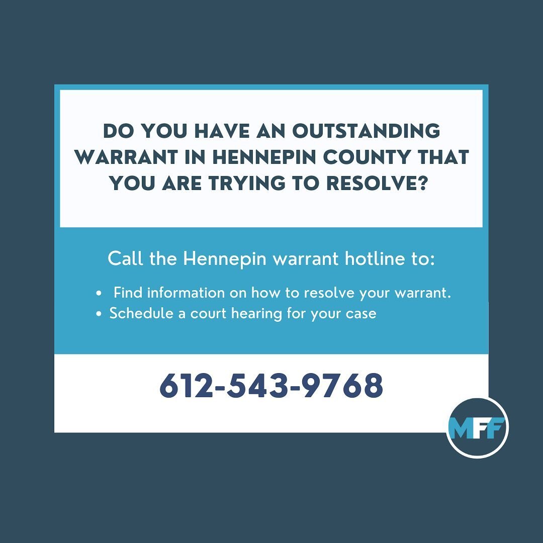 Do you have an outstanding warrant in Hennepin or Ramsey that you are trying to resolve? Hennepin and Ramsey have warrant hotlines where you can call to get information about your warrant and schedule a court hearing to take care of your case.
☎️ Hen