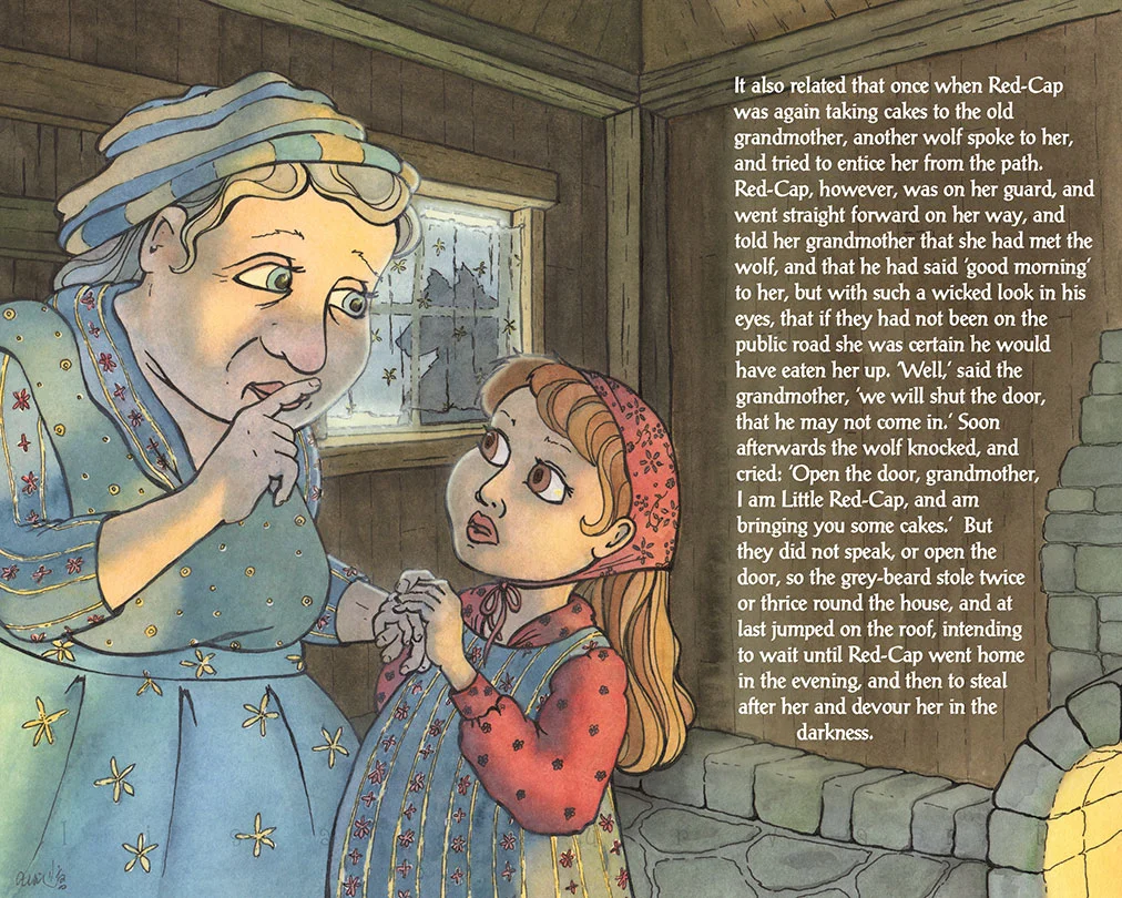Red Cap &amp; Grandma: This is the other Little Red Cap piece. Together they are an alternate ending to the Brothers Grimm story. Art by Lisa Burvant.