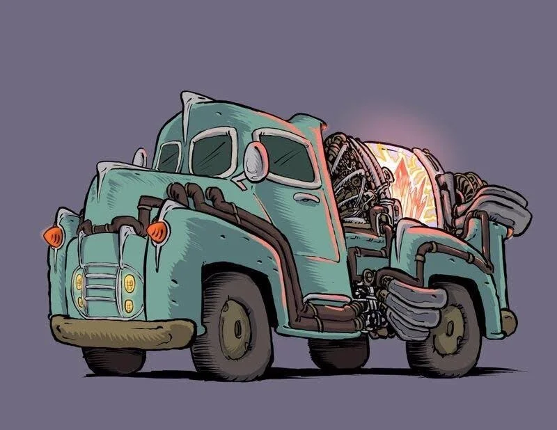 Aleksey, on his retrofuturistic truck: This one was from the lesson where Shane talked about using photo references in order to design vehicle concepts. I used photos of 1950s pick up trucks and stuck a weird looking crystalline engine on top. What …