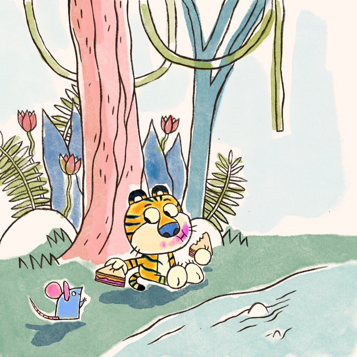 Tiger sharing his Pbj Art by Katie Kordesh