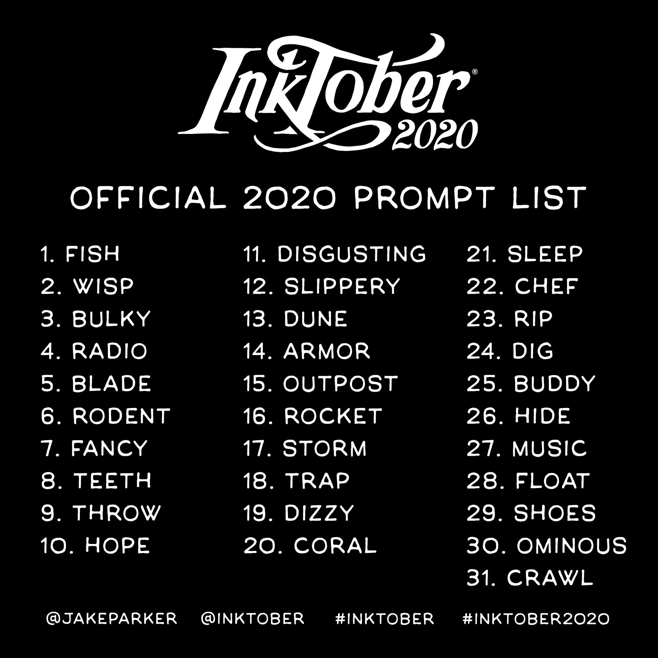 Official Inktober prompt list from Inktober.com.