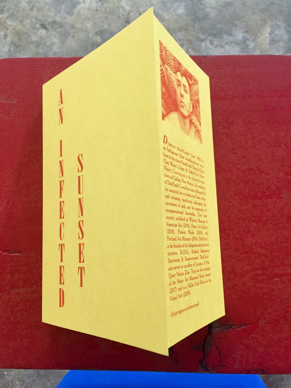  This lovely handmade edition of An Infected Sunset by local writer and artist Demian DinéYazhi´ was donated by John Akira Harrold, the designer who printed and hand-bound the books. 