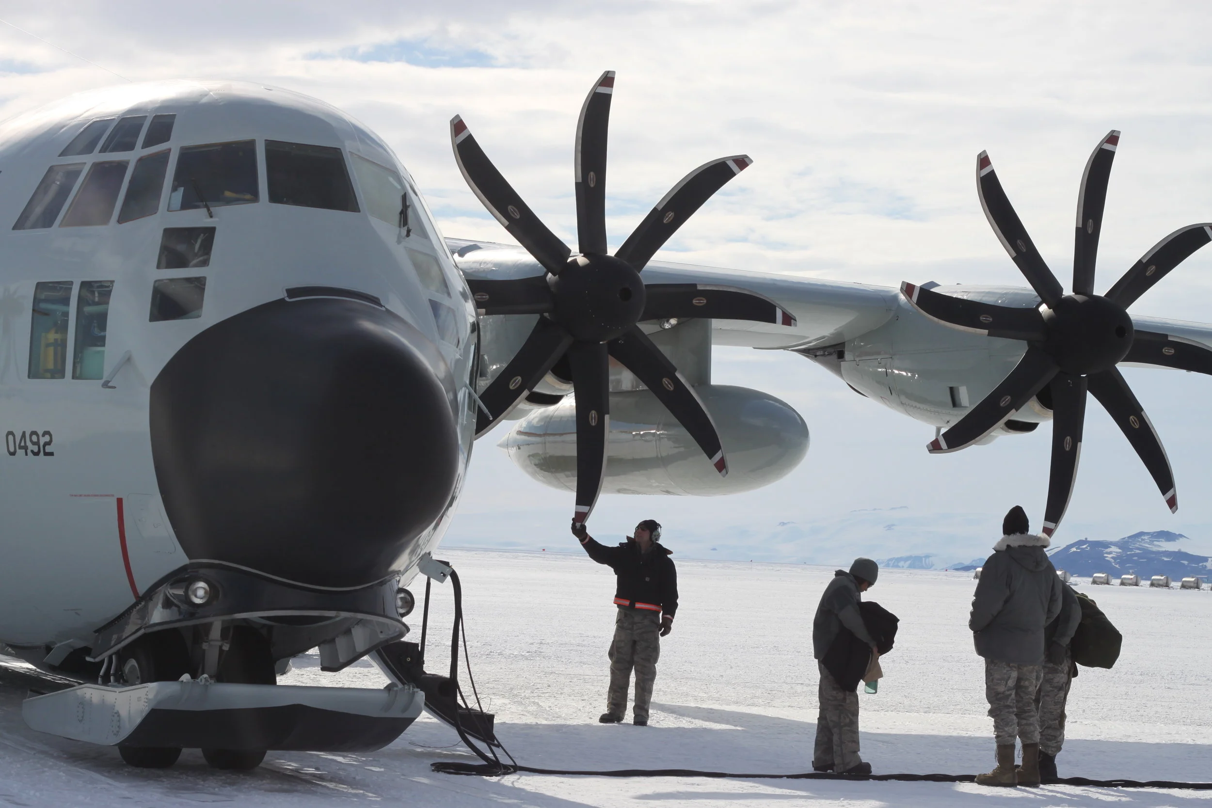 LC130 Lands on Frozen Ocean, McMurdo, Antarctica
