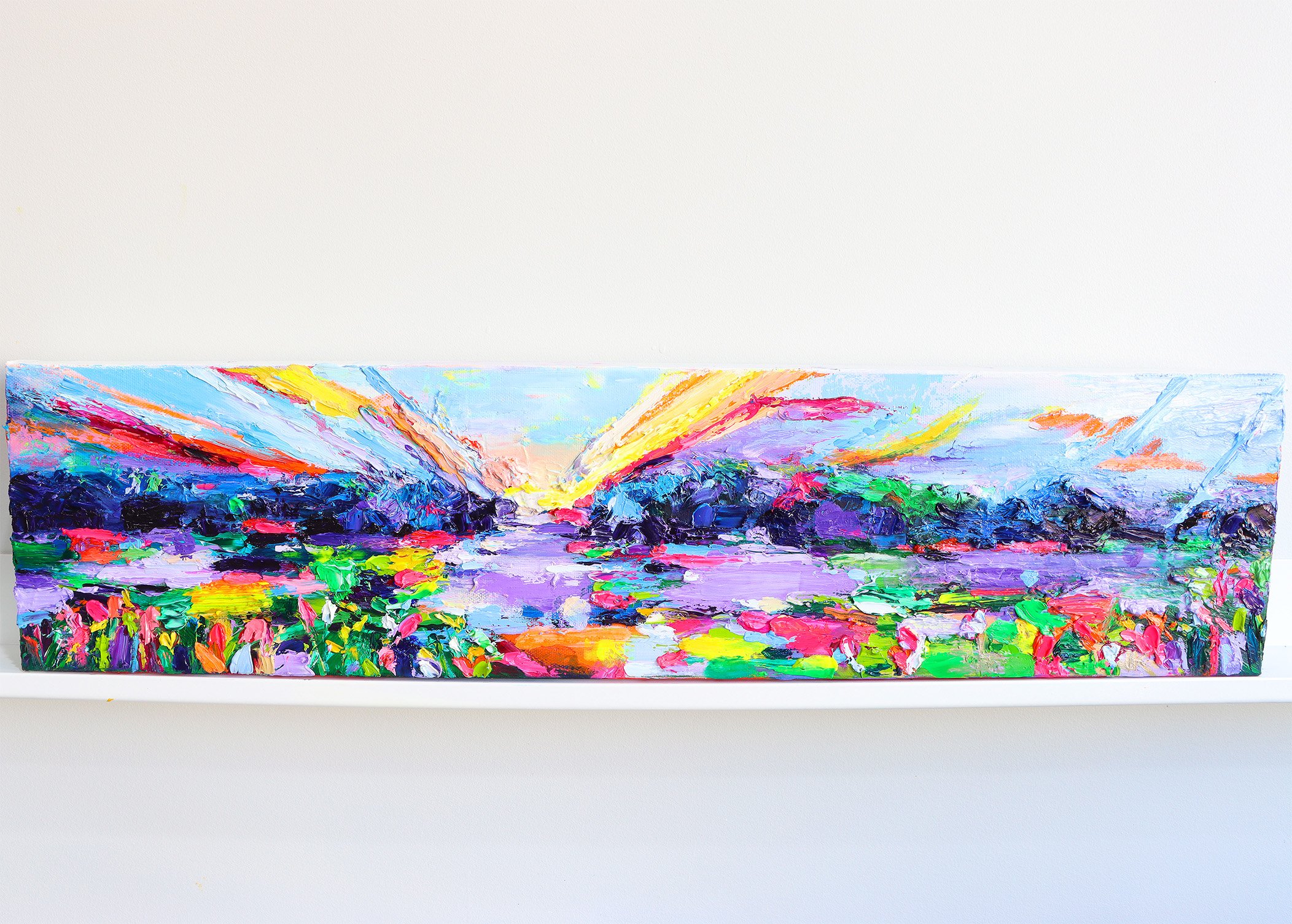 ColourEscape - Sunrise Allegro - Oil Painting of Misty Waikato Sunrise over mountains and fields with bright colourful glints sprinkled over the landscape by Jacqi Kruger