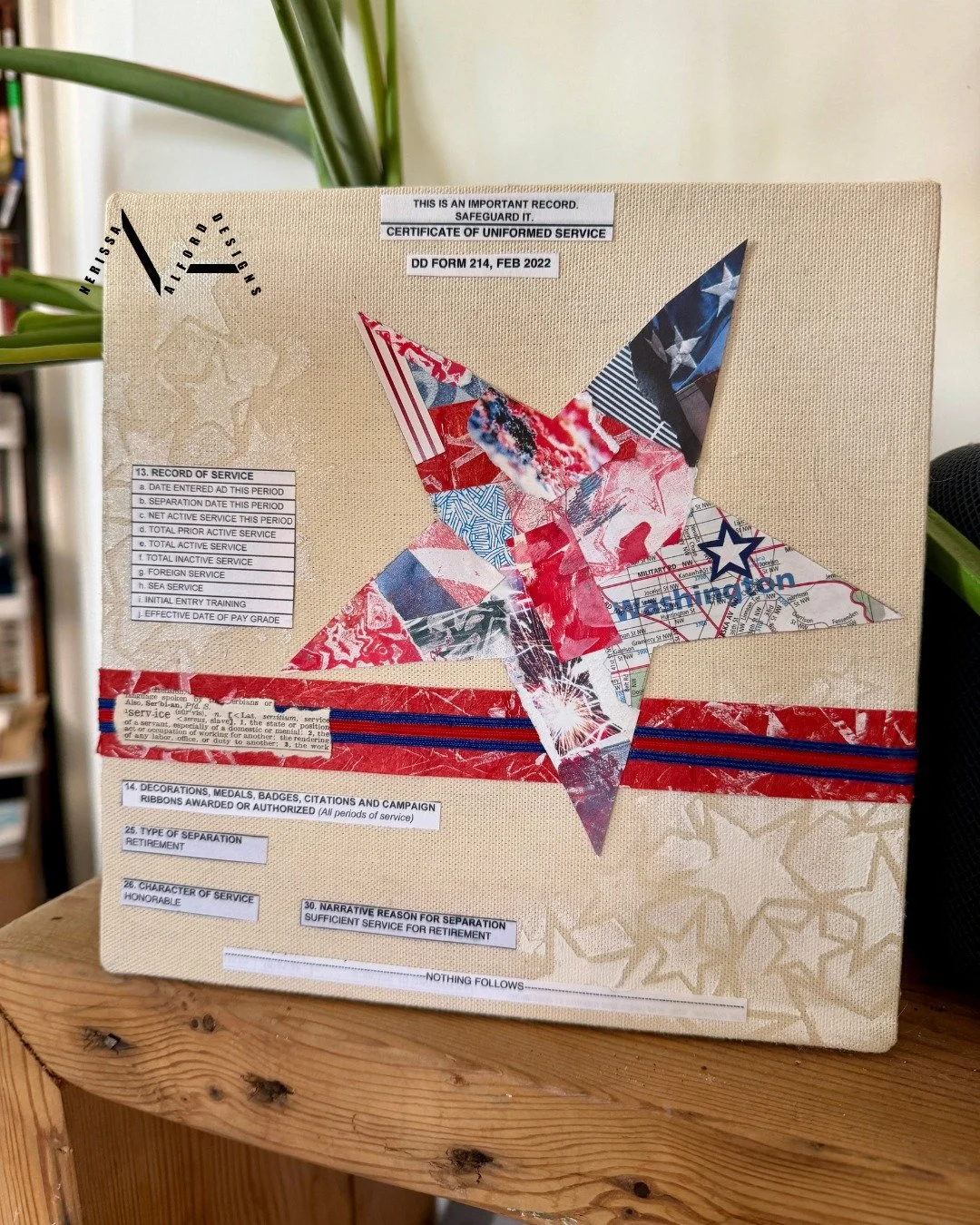 A night to remember in my new "forever home." ✨

At the opening night of "Strength Through Stories" seeing "Retirement" on display was such a full-circle moment. This piece is made from fragments of military forms and sa